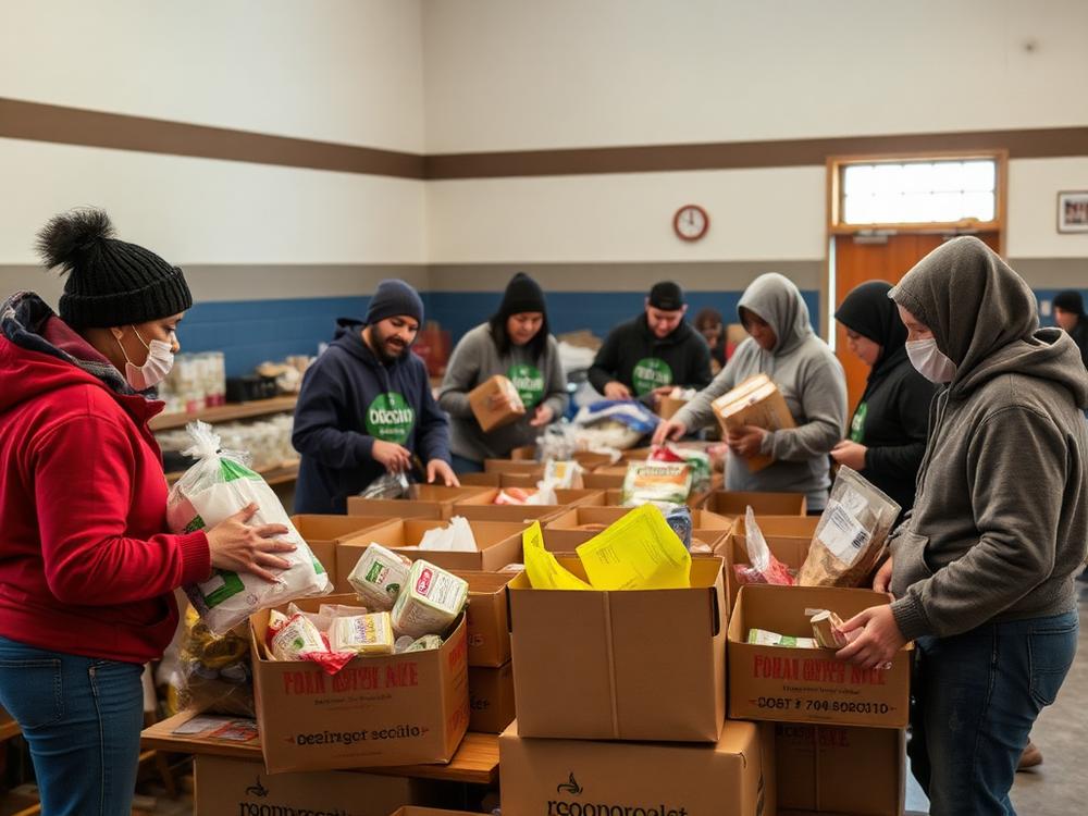 Local nonprofit volunteers sorting donated goods in a community hall