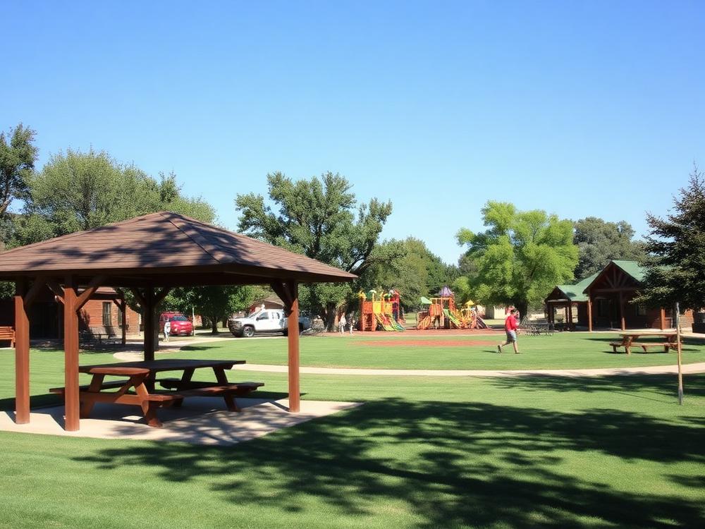 Community park shelter with picnic tables and playground